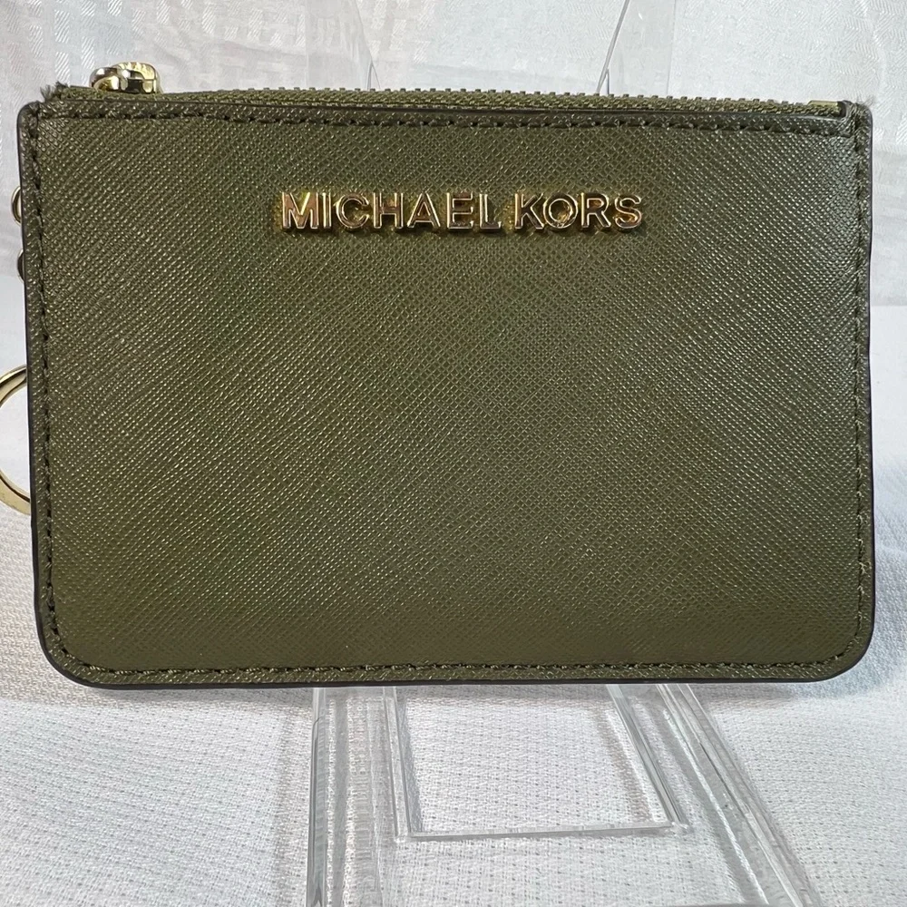 2043: Michael Kors Olive Green Leather Zip Card Holder Key Pouch